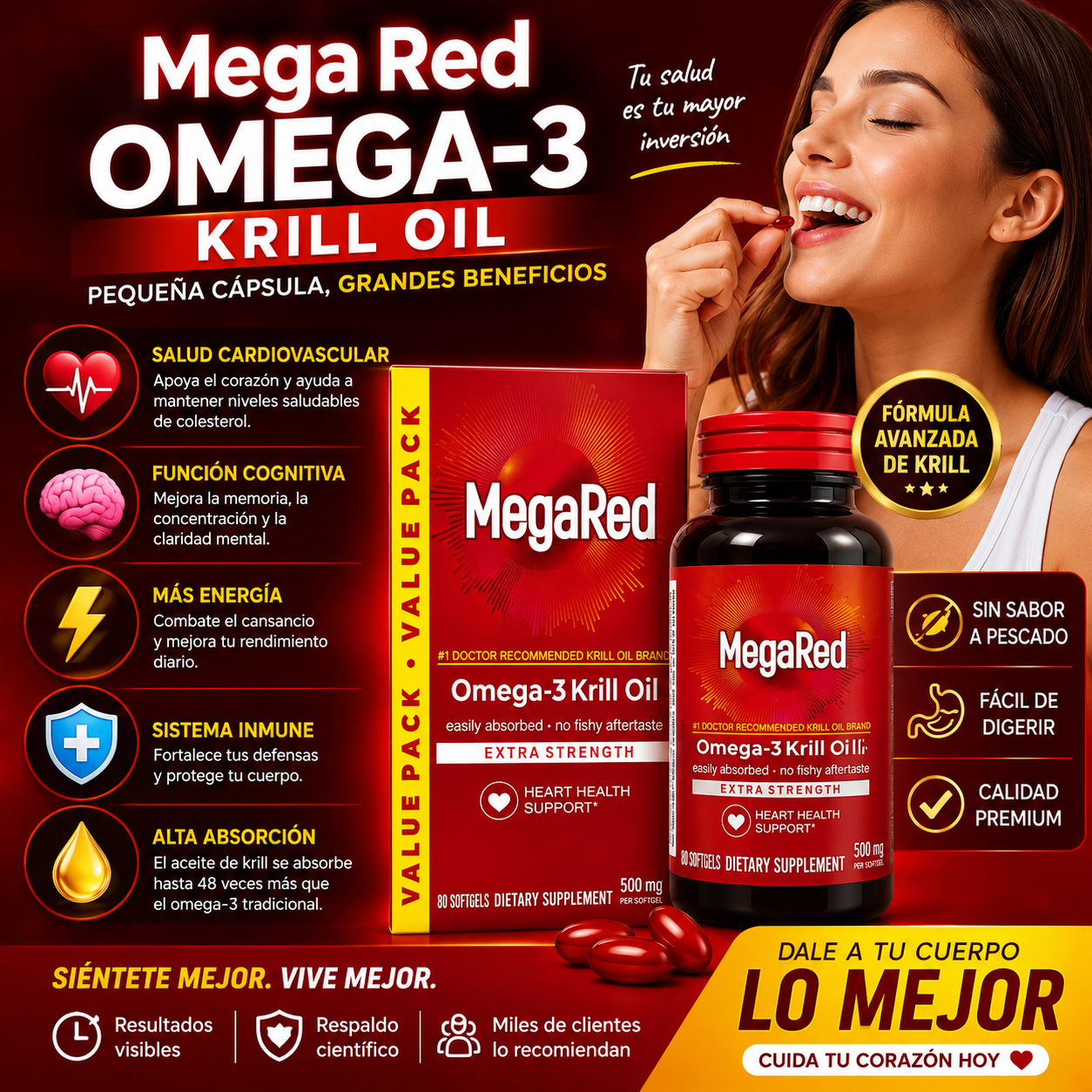 MegaRed CardioMax Omega-3 Premium - Recupera Energía, Bienestar y Protege tu Corazón cada día